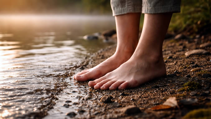 Was das kollektive Erwachen mit deiner Erschöpfung zu tun hat Barfuß im Sonnenaufgang am Wasser