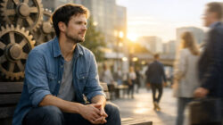 neue Ehrlichkeit - Mann auf einer Bank mit Zahnrädern im Hintergrund