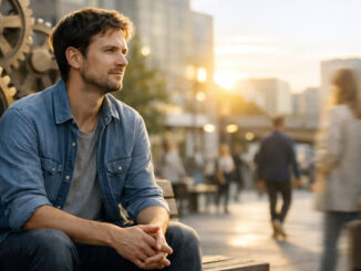Mann auf einer Bank mit Zahnrädern im Hintergrund