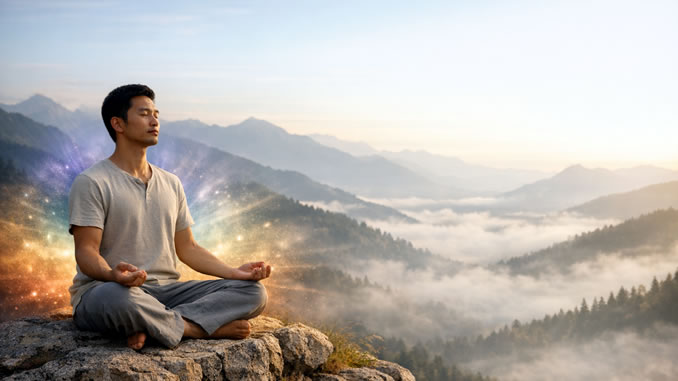 meditierender Mann auf einem Berg