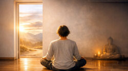 Spiritualität als Lifestyle Mann sitzt auf dem Boden und meditiert