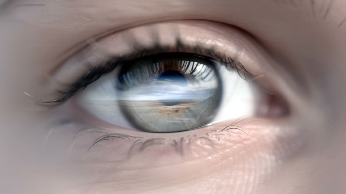 Nahaufnahme Auge mit Landschaft