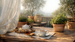 Outdoor-Bereich Gemütlicher Tisch auf der Terrasse