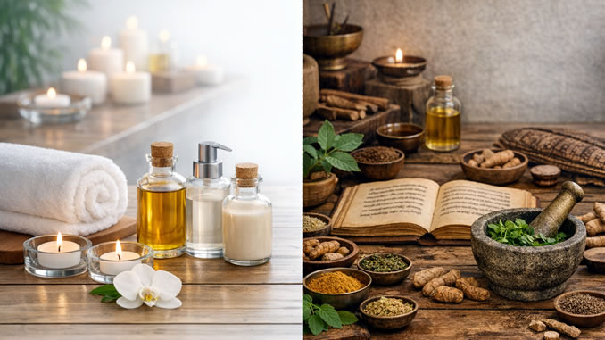 modernes Spa mit Ölen in moderner Umgebung, rechts eine traditionelle ayurvedische Szene mit Mörser, Kräutern und alten Texten
