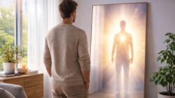 Abnehmen mit Frequenzen Mann blickt auf leuchtende Gestalt im Spiegel