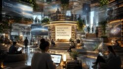 Zukunft der Webseiten - Futuristische Bibliothek mit schwebenden Inhalten