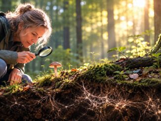 eine Frau untersucht die Feinstofflichkeit im Wald am Beispiel von Pilzen