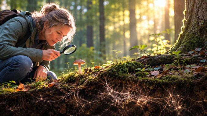 eine Frau untersucht die Feinstofflichkeit im Wald am Beispiel von Pilzen