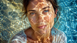 Wasser und Meditation Wasserlicht und sanfte Spiegelungen auf dem Gesicht einer Frau