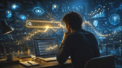 Serponado-Analyse zeigt, warum Google nicht automatisch die beste Antwort liefert und Sichtbarkeit nicht Wahrheit bedeutet Mann vor Laptop mit Kurven und Suchmaschine