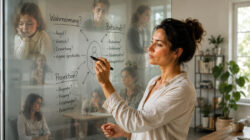 mediale Arbeit - Frau vor einer durchsichtigen Pinwand