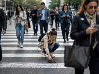 Eine Frau hilft einer Schildkröte auf der Straße