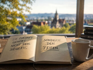nachdenklicher Arbeitsplatz mit Literatur
