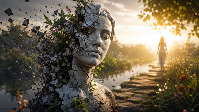 Zerbrochene Statue im goldenen Licht
