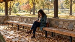 Selbstreflexion lernen Lesende Frau im Herbstpavillon