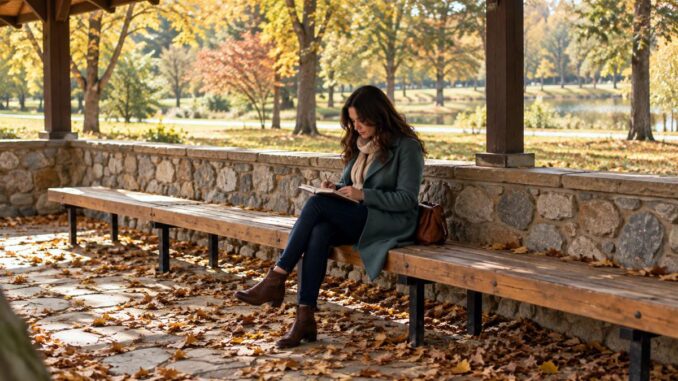 Selbstreflexion lernen Lesende Frau im Herbstpavillon