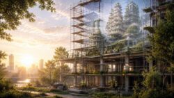 Visionen - Nachhaltige Baustelle im goldenen Morgenlicht