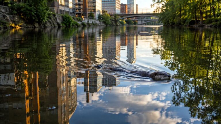 Flussotter im goldenen Stadtlicht