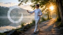 Tai Chi Walking Frau praktiziert Tai-Chi am stillen See