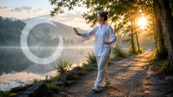 Frau praktiziert Tai-Chi am stillen See