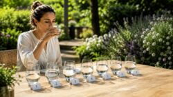 Wasser schmecken lernen eine Frau kostet aus sieben Gläsern Wasser