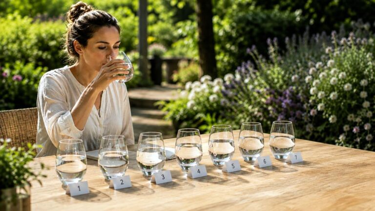 eine Frau kostet aus sieben Gläsern Wasser