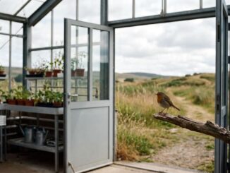 ein Vogel sitzt in einem Gewächshaus