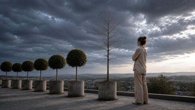 Human Design und Erschöpfung Nachdenklicher Blick unter dunklen Wolken