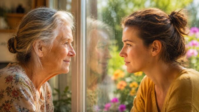 Großmutter und Enkelin schauen in ein Fenster