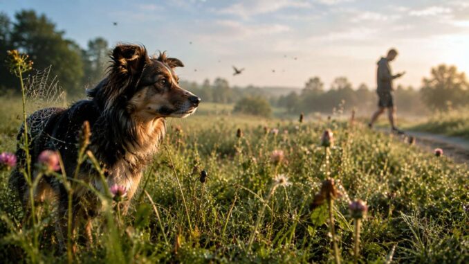 Sechster Sinn der Tiere - Hund im Morgentau der Wiese
