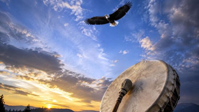 Adler über Trommel im Abendhimmel