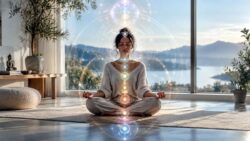 Multidimensionale Chakren: Illustration einer Frau mit neun skizzierten Energiezentren