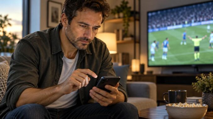 Nachdenklicher Fußballabend am Smartphone