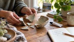 Leid überwinden - Hände setzen eine zerbrochene Keramikschale auf einem Holztisch wieder zusammen
