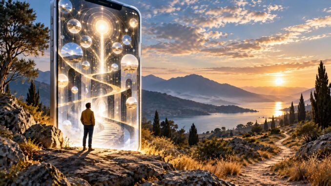 Algorithmen und Spiritualität: Eine Person steht vor einem symbolischen Smartphone-Portal mit leuchtenden Mustern.