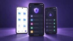 Passwortmanager im Alltag - Drei Smartphones zeigen Passwortverwaltung, Dateiablage und digitale Sicherheitsfunktionen