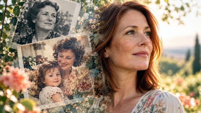 Frauenporträt in Doppelbelichtung mit alten Familienfotos und Gartenlicht