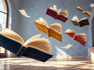Aufgeschlagene Bücher schweben durch einen lichtdurchfluteten Raum