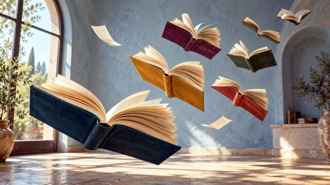 Aufgeschlagene Bücher schweben durch einen lichtdurchfluteten Raum