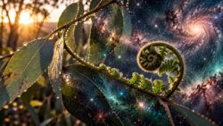 Eukalyptusblätter und Farnspirale verschmelzen mit einem leuchtenden Sternenhimmel