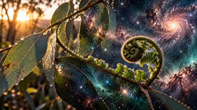 Eukalyptusblätter und Farnspirale verschmelzen mit einem leuchtenden Sternenhimmel