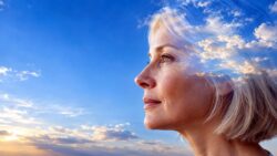 Natur des Geistes erkennen - Frauenprofil verschmilzt mit blauem Himmel und weißen Wolken