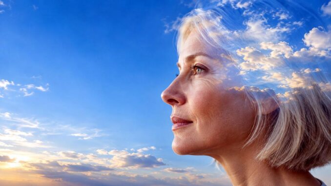Frauenprofil verschmilzt mit blauem Himmel und weißen Wolken