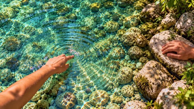 Eine Fingerspitze zieht Wellenkreise im klaren, sonnenbeschienenen Wasser