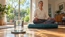 Hydration und Meditation - Wasserglas neben einem meditierenden Mann auf einem Sitzkissen