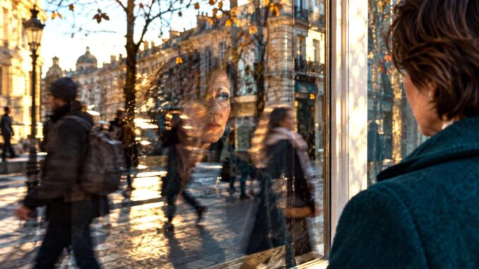 Spiegelbild einer Frau, überlagert von Straße und Passanten