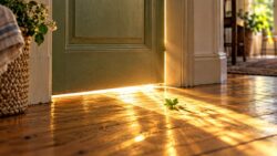 Glückslichter Goldenes Licht strömt unter einer geschlossenen Tür auf den Holzboden