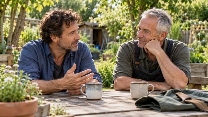 Männerfreundschaften: Zwei Männer sprechen miteinander im Garten