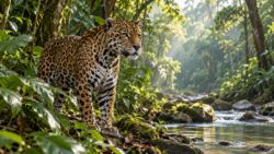 Jaguar am Bach im tropischen Wald – Symbolbild für Naturschutz und Frieden