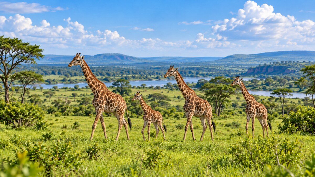 Spirituelle Reise nach Uganda: Giraffen in grüner Savanne.